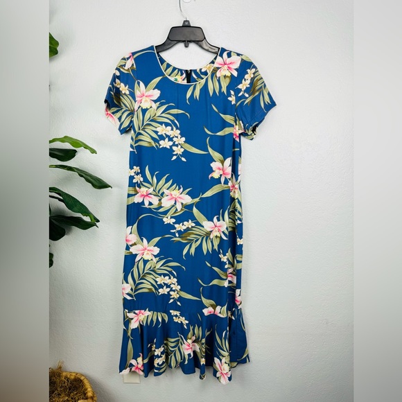 Two Palms Hawaiian Paris Orchid Floral Mermaid Pleated Midi Dress - Picture 2 of 7